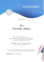 Сертификат Алимова Ф.К. Имплантационная система AstraTech. Протезирование